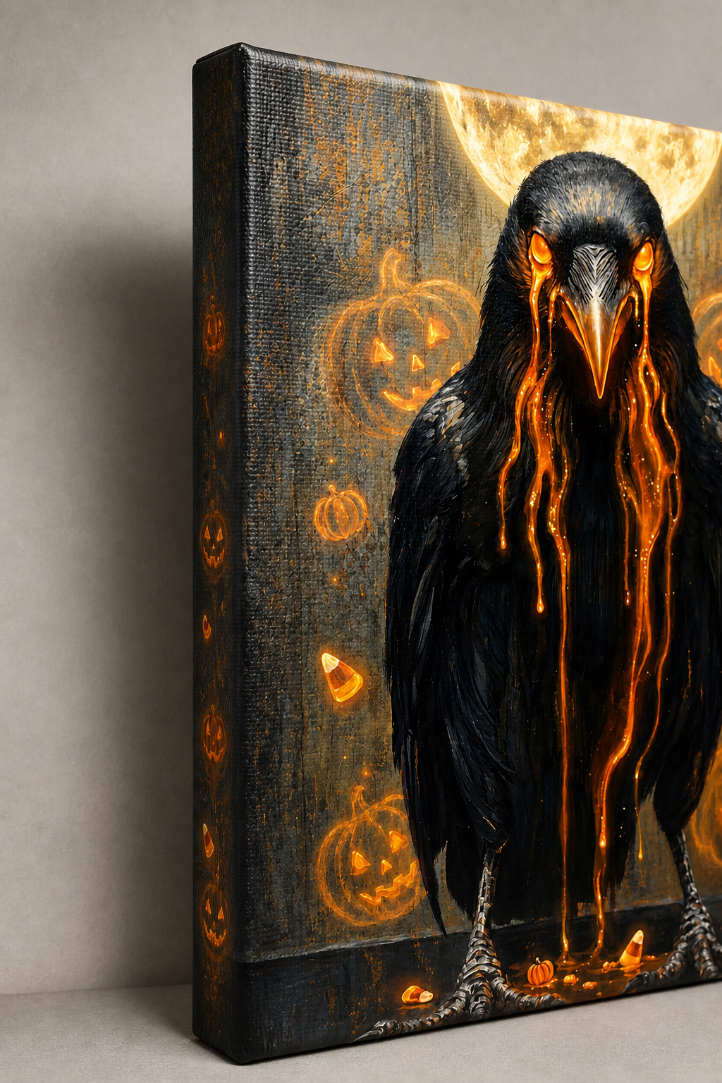 Ember-Eyed Harvest Raven Halloween canvas wall art - gallery-wrapped edge and canvas texture detail
