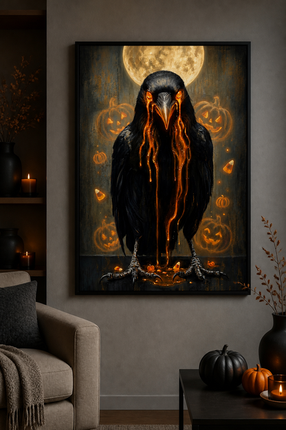 Ember-Eyed Harvest Raven Halloween canvas wall art - Black Frame lifestyle view