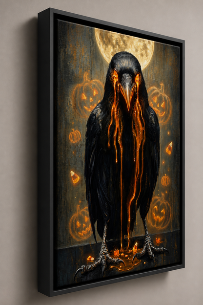 Ember-Eyed Harvest Raven Halloween canvas wall art - Black Frame floating-gap detail
