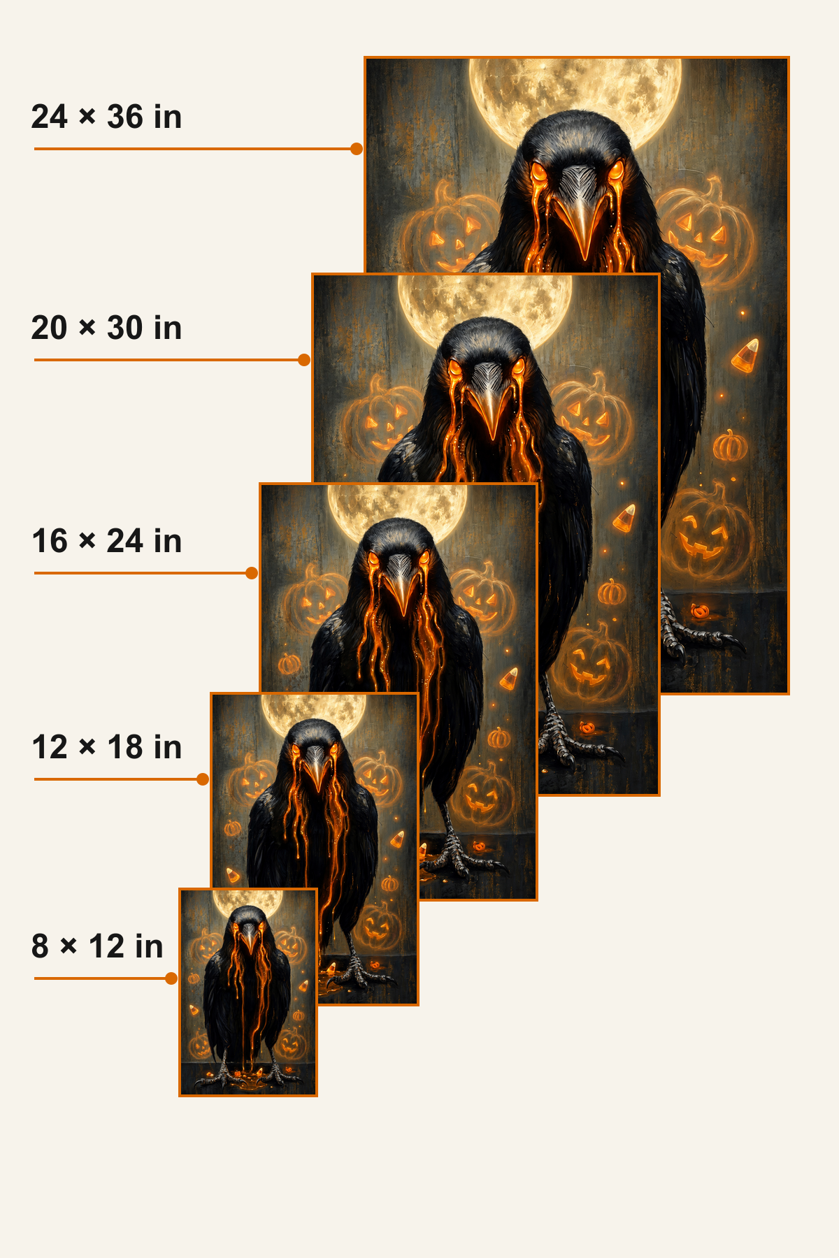Ember-Eyed Harvest Raven Halloween canvas wall art - five-size comparison guide