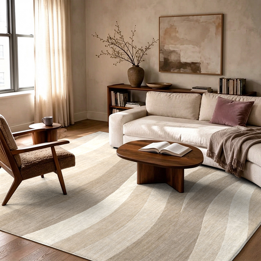 Oatmeal Beige Wave Washable Area Rug, Minimalist Scandinavian Non Slip Rug for Entryway
