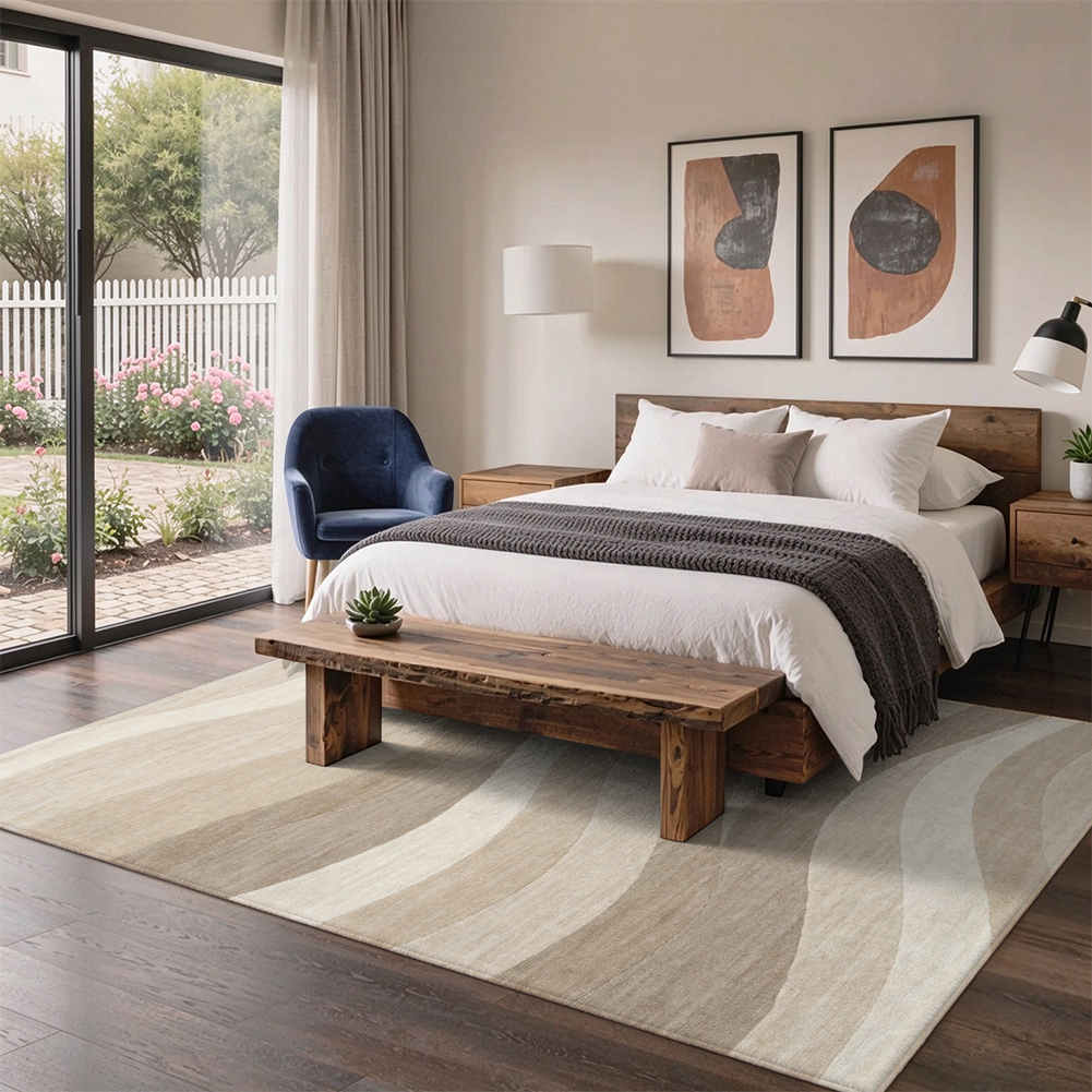 Oatmeal Beige Wave Washable Area Rug, Minimalist Scandinavian Non Slip Rug for Entryway