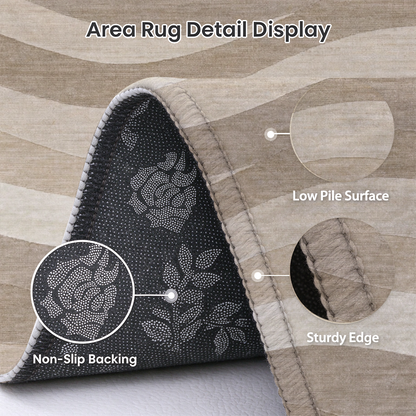 Oatmeal Beige Wave Washable Area Rug, Minimalist Scandinavian Non Slip Rug for Entryway