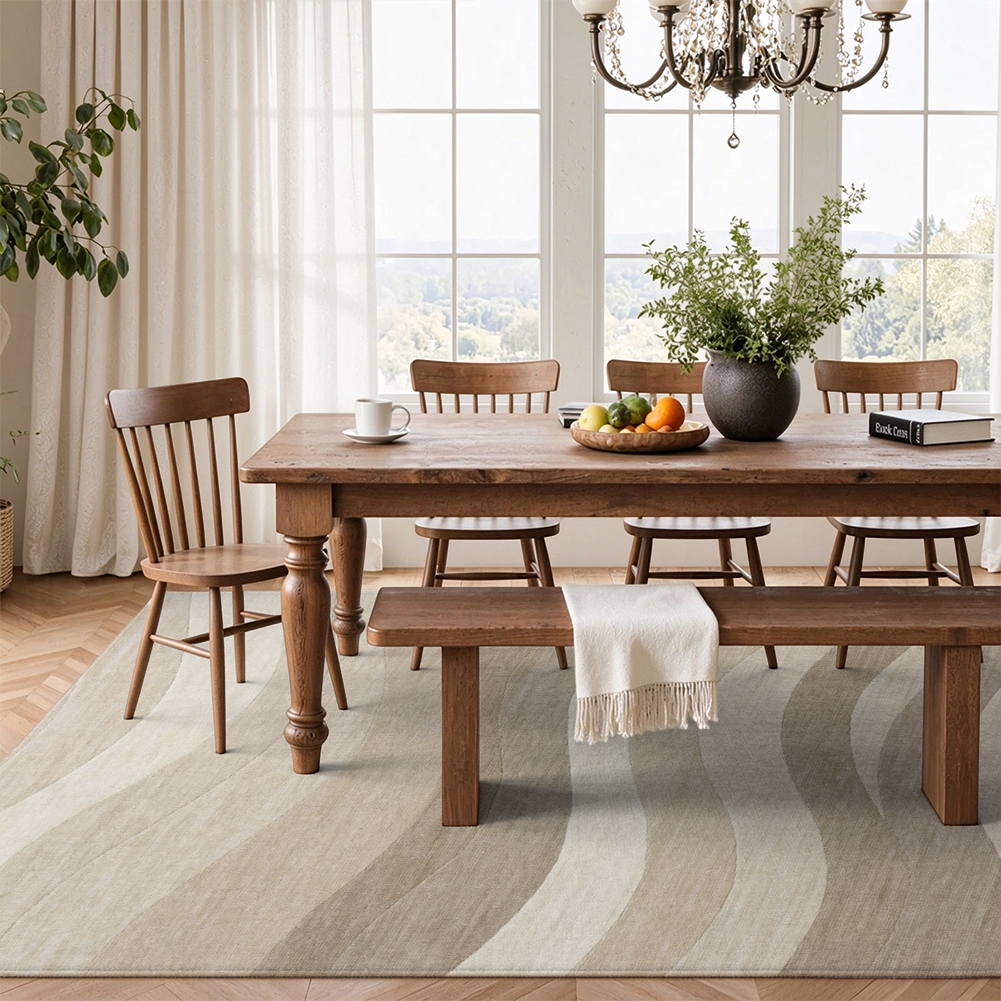 Oatmeal Beige Wave Washable Area Rug, Minimalist Scandinavian Non Slip Rug for Entryway