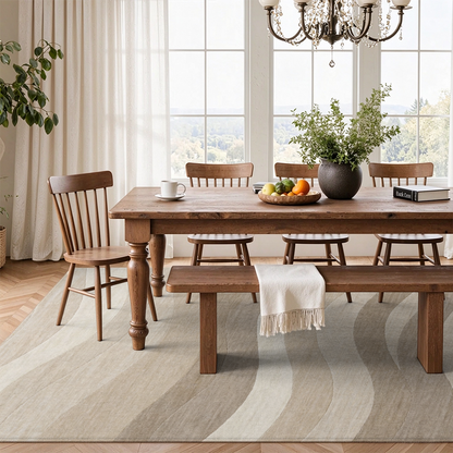 Oatmeal Beige Wave Washable Area Rug, Minimalist Scandinavian Non Slip Rug for Entryway