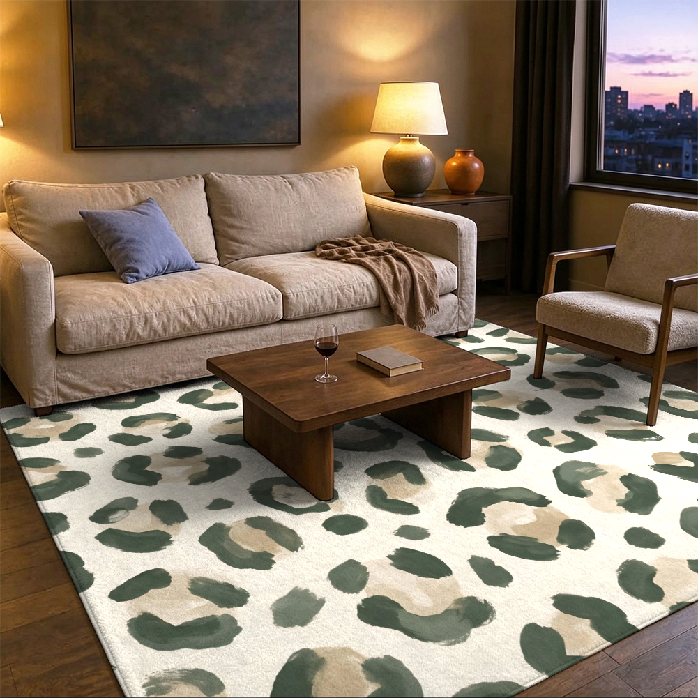 Sage Green Leopard Washable Area Rug, Animal Print Boho Non Slip Rug for Living Room