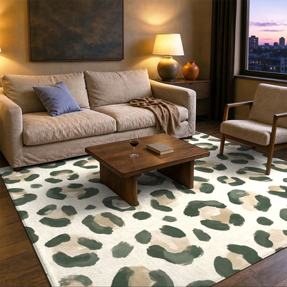 Sage Green Leopard Washable Area Rug, Animal Print Boho Non Slip Rug for Living Room