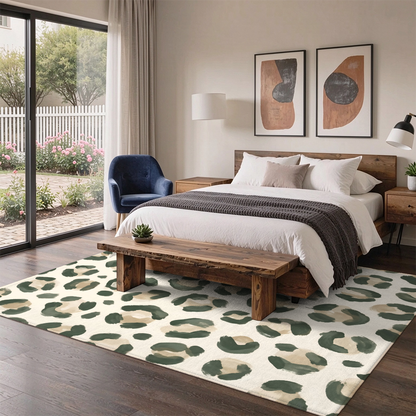 Sage Green Leopard Washable Area Rug, Animal Print Boho Non Slip Rug for Living Room