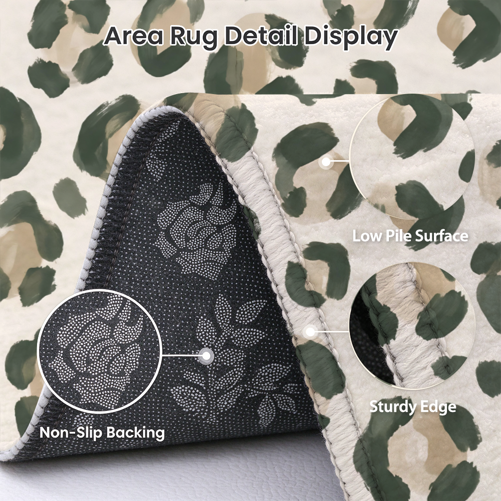 Sage Green Leopard Washable Area Rug, Animal Print Boho Non Slip Rug for Living Room