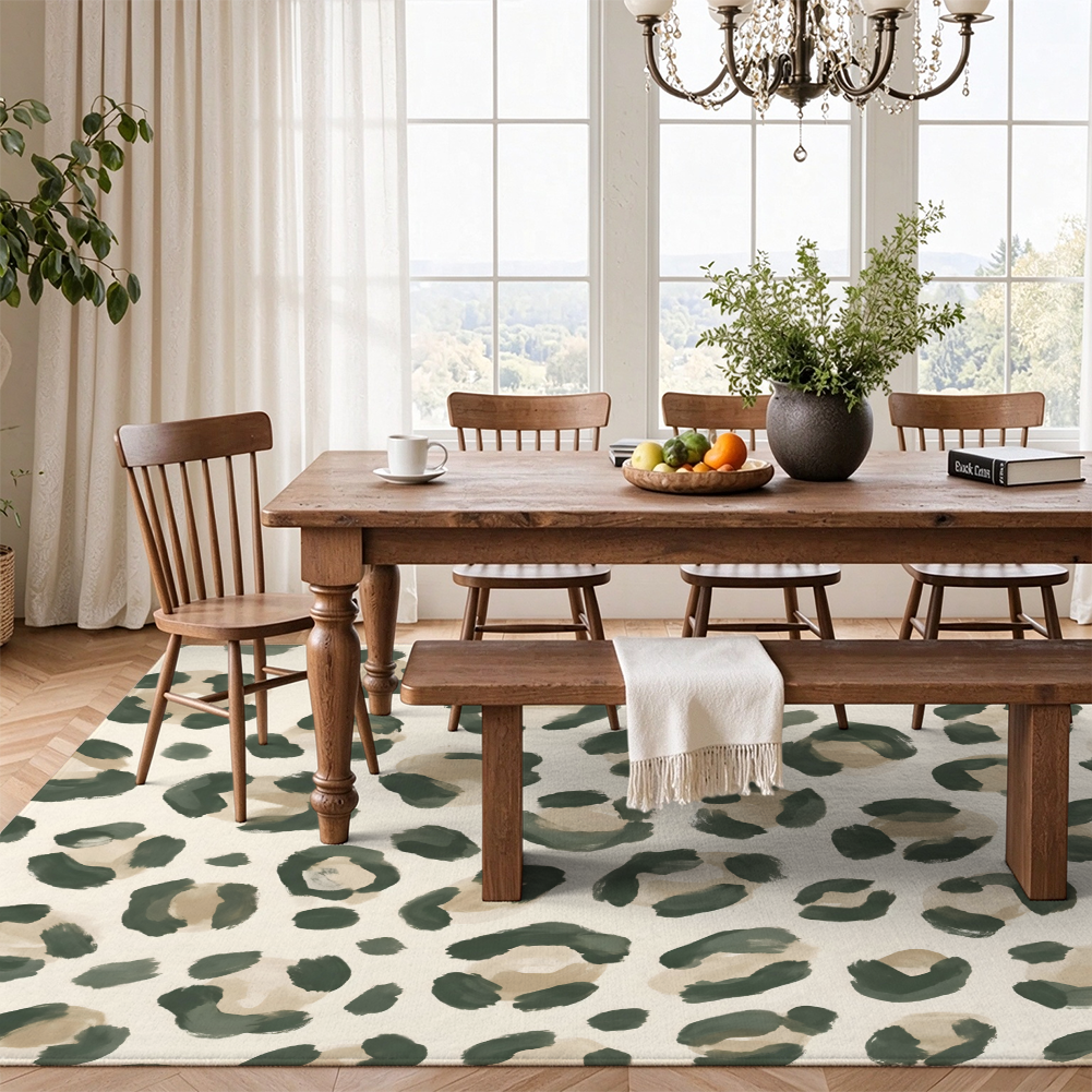 Sage Green Leopard Washable Area Rug, Animal Print Boho Non Slip Rug for Living Room