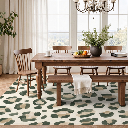 Sage Green Leopard Washable Area Rug, Animal Print Boho Non Slip Rug for Living Room