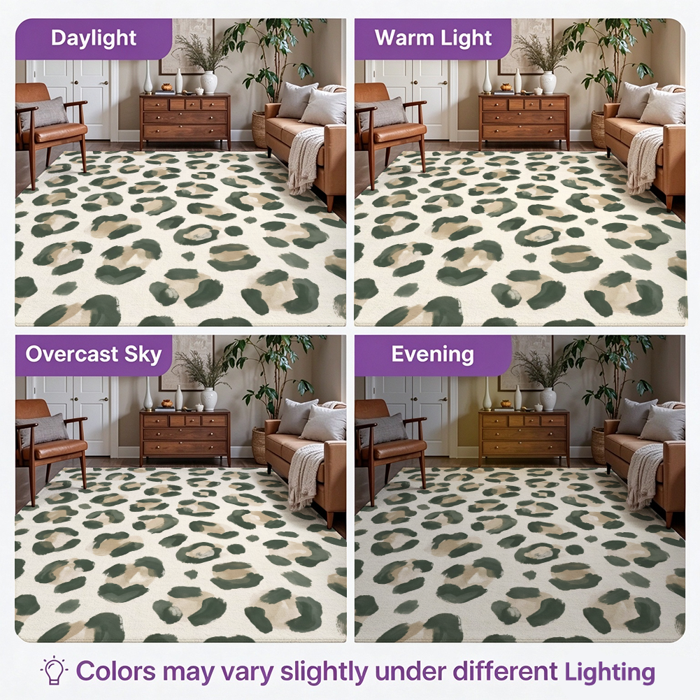Sage Green Leopard Washable Area Rug, Animal Print Boho Non Slip Rug for Living Room