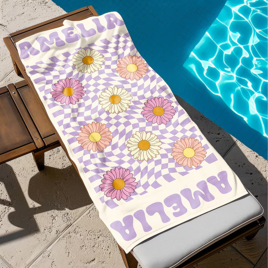Personalized Custom Beach Towel with Name, Floral Daisy Design