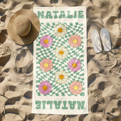 Personalized Custom Beach Towel with Name, Floral Daisy Design