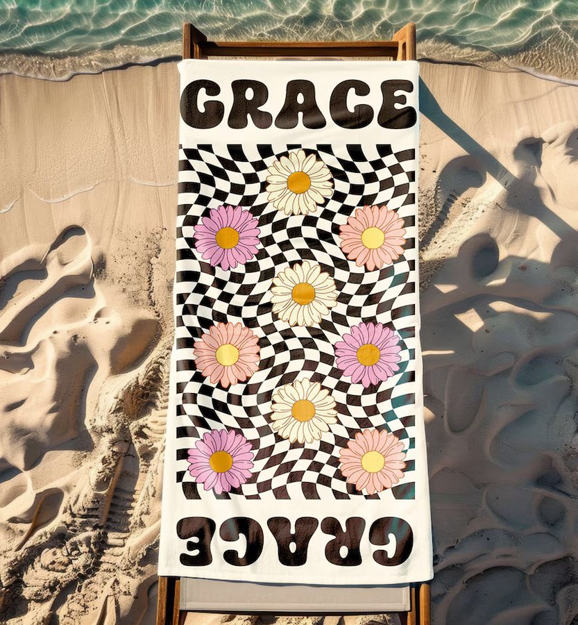 Personalized Custom Beach Towel with Name, Floral Daisy Design