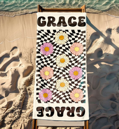 Personalized Custom Beach Towel with Name, Floral Daisy Design