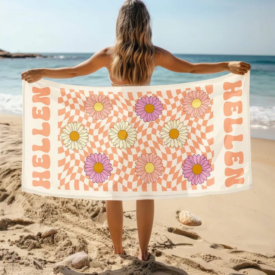 Personalized Custom Beach Towel with Name, Floral Daisy Design