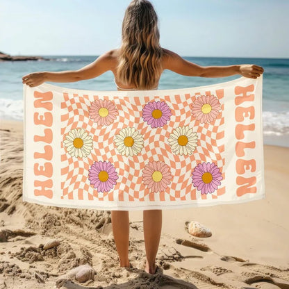 Personalized Custom Beach Towel with Name, Floral Daisy Design