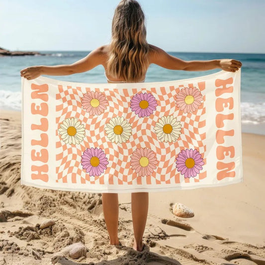 Personalized Custom Beach Towel with Name, Floral Daisy Design