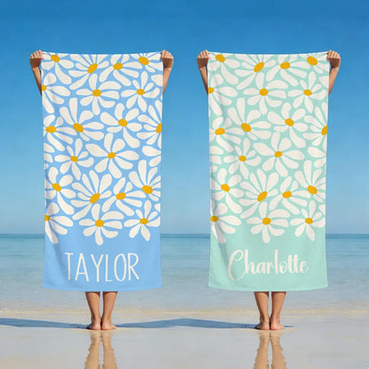 Personalized Daisy Beach Towel with Name, Blue and Mint Custom Floral Towel for Beach, Pool, and Travel