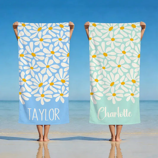 Personalized Daisy Beach Towel with Name, Blue and Mint Custom Floral Towel for Beach, Pool, and Travel