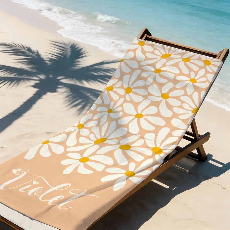 Personalized Daisy Beach Towel with Name, Blue and Mint Custom Floral Towel for Beach, Pool, and Travel
