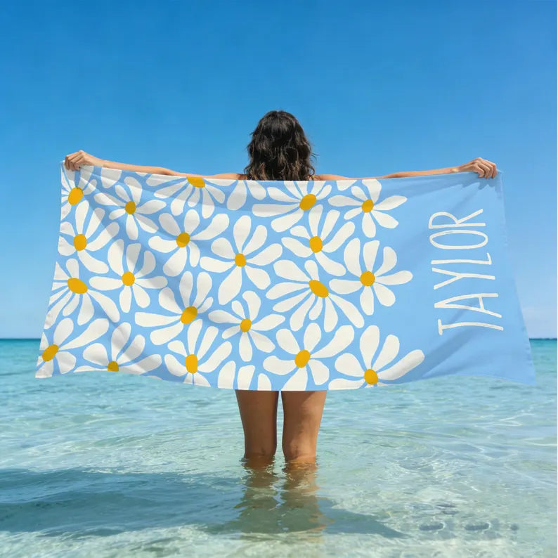 Personalized Daisy Beach Towel with Name, Blue and Mint Custom Floral Towel for Beach, Pool, and Travel