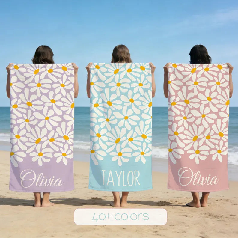 Personalized Daisy Beach Towel with Name, Blue and Mint Custom Floral Towel for Beach, Pool, and Travel