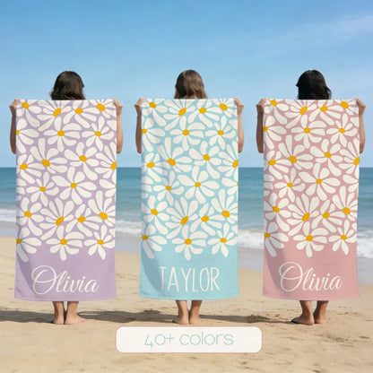Personalized Daisy Beach Towel with Name, Blue and Mint Custom Floral Towel for Beach, Pool, and Travel