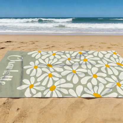 Personalized Daisy Beach Towel with Name, Blue and Mint Custom Floral Towel for Beach, Pool, and Travel