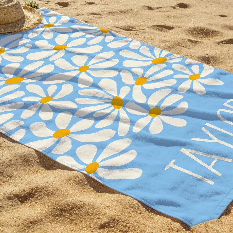Personalized Daisy Beach Towel with Name, Blue and Mint Custom Floral Towel for Beach, Pool, and Travel