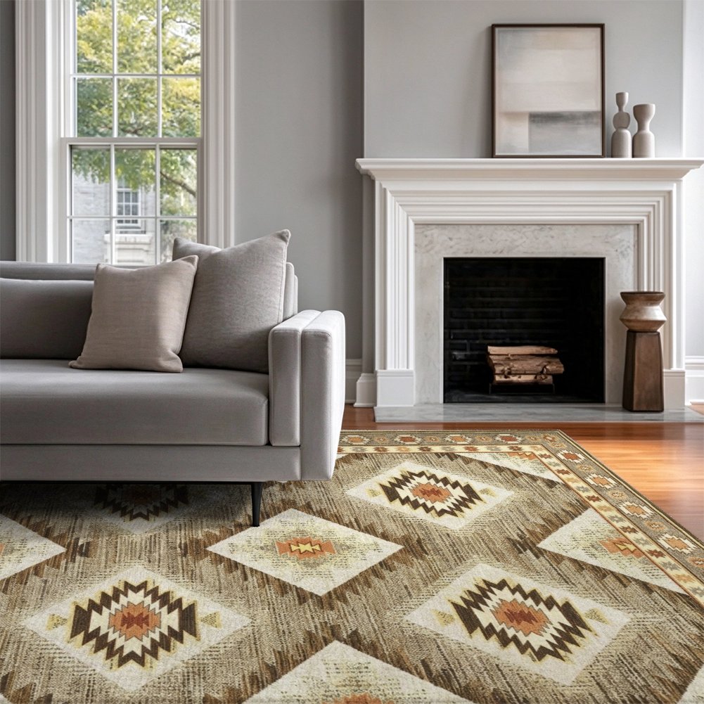 Kilim Diamond Washable Area Rug, Brown Beige Southwestern Tribal Non Slip Rug for Living Room