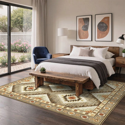 Kilim Diamond Washable Area Rug, Brown Beige Southwestern Tribal Non Slip Rug for Living Room