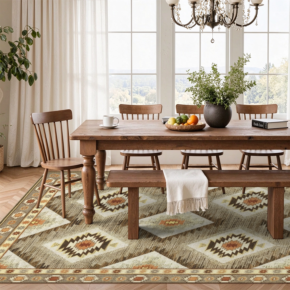 Kilim Diamond Washable Area Rug, Brown Beige Southwestern Tribal Non Slip Rug for Living Room