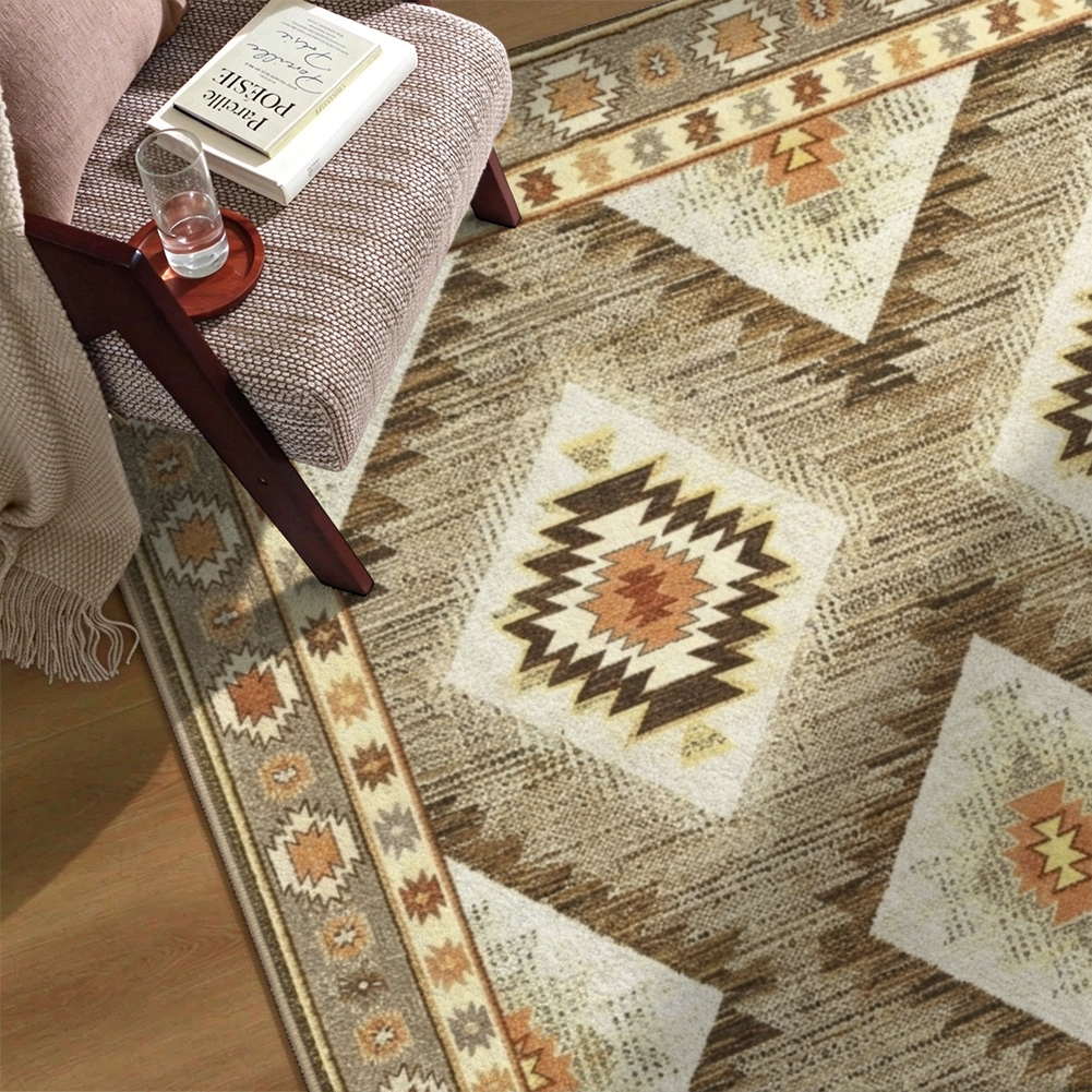 Kilim Diamond Washable Area Rug, Brown Beige Southwestern Tribal Non Slip Rug for Living Room