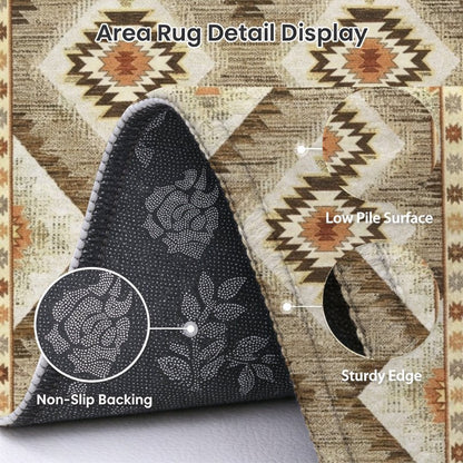 Kilim Diamond Washable Area Rug, Brown Beige Southwestern Tribal Non Slip Rug for Living Room