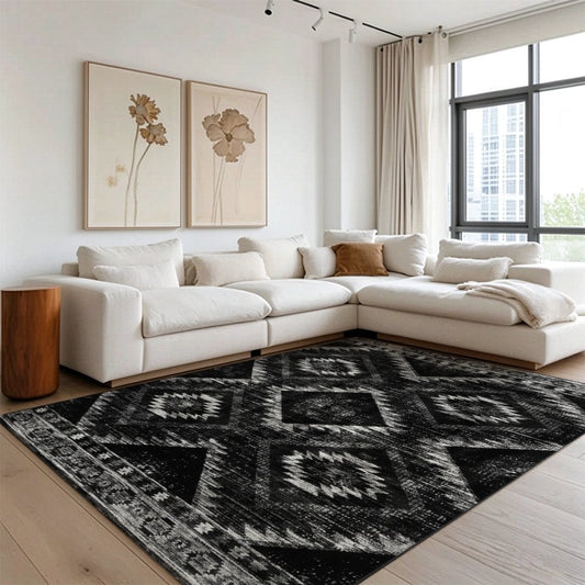 Kilim Diamond Black Washable Area Rug, Black White Southwestern Tribal Non Slip Rug for Living Room