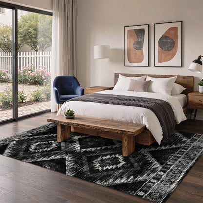 Kilim Diamond Black Washable Area Rug, Black White Southwestern Tribal Non Slip Rug for Living Room