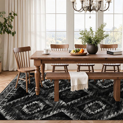 Kilim Diamond Black Washable Area Rug, Black White Southwestern Tribal Non Slip Rug for Living Room