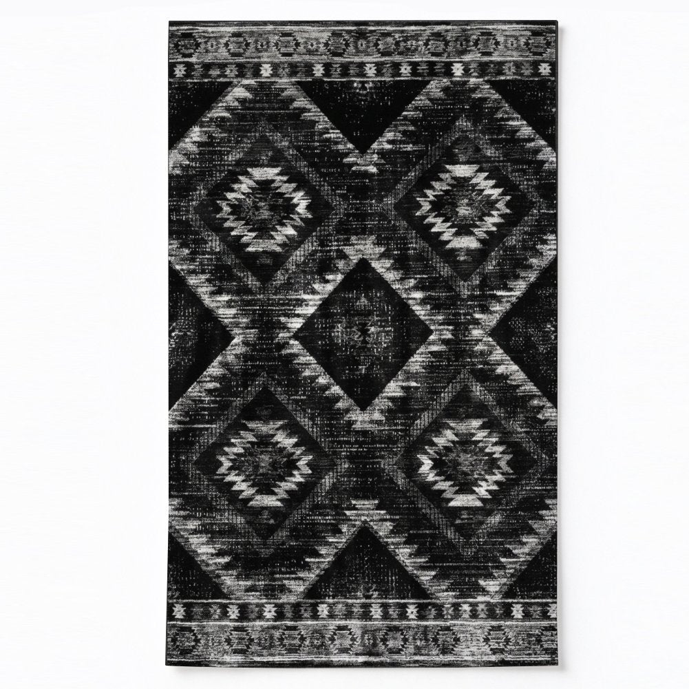 Kilim Diamond Black Washable Area Rug, Black White Southwestern Tribal Non Slip Rug for Living Room