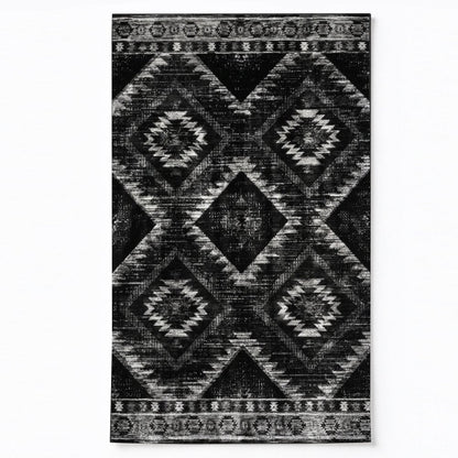 Kilim Diamond Black Washable Area Rug, Black White Southwestern Tribal Non Slip Rug for Living Room