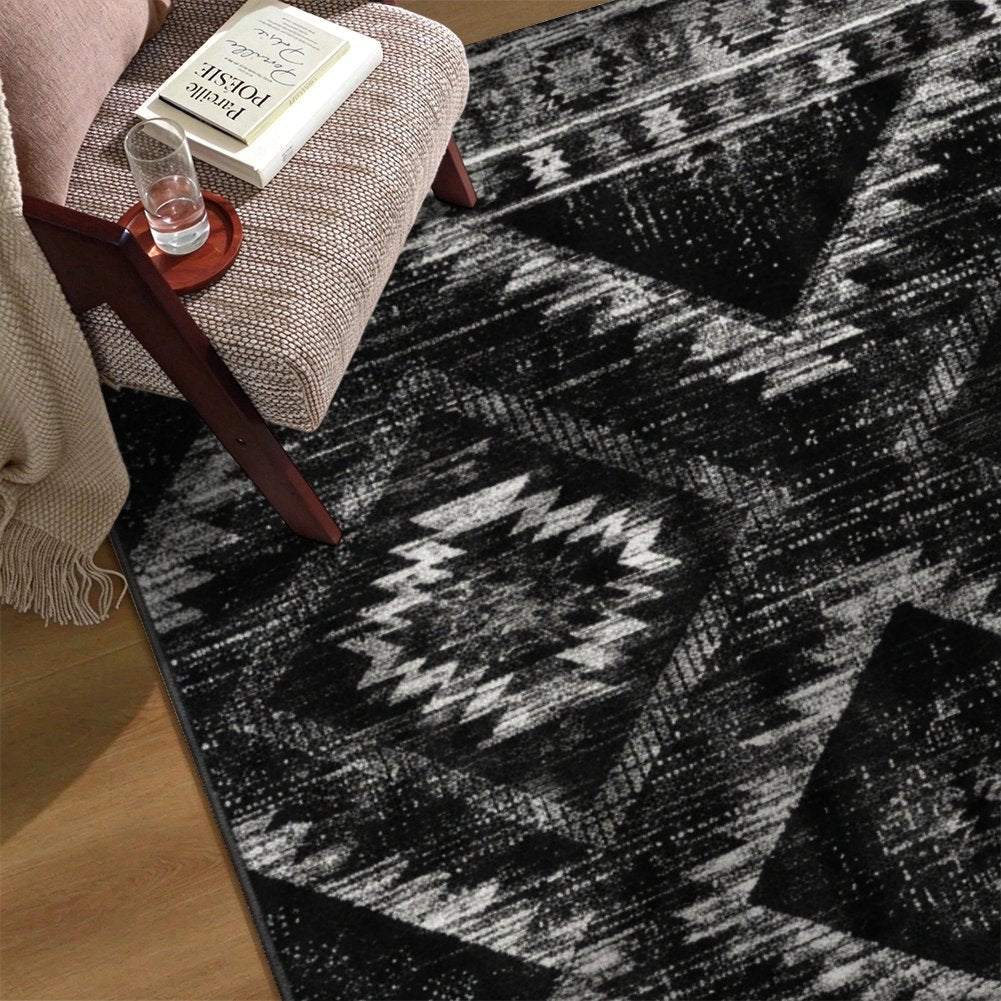 Kilim Diamond Black Washable Area Rug, Black White Southwestern Tribal Non Slip Rug for Living Room