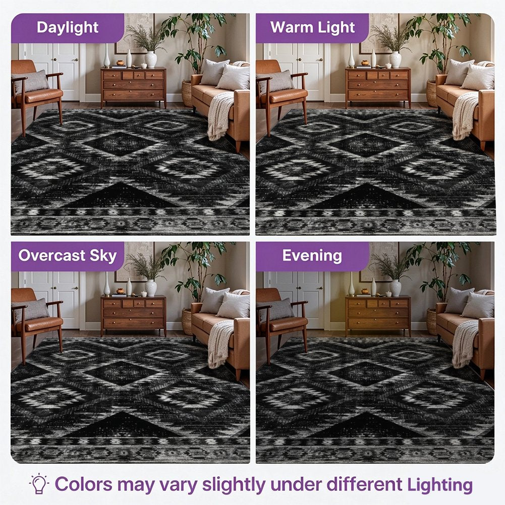 Kilim Diamond Black Washable Area Rug, Black White Southwestern Tribal Non Slip Rug for Living Room