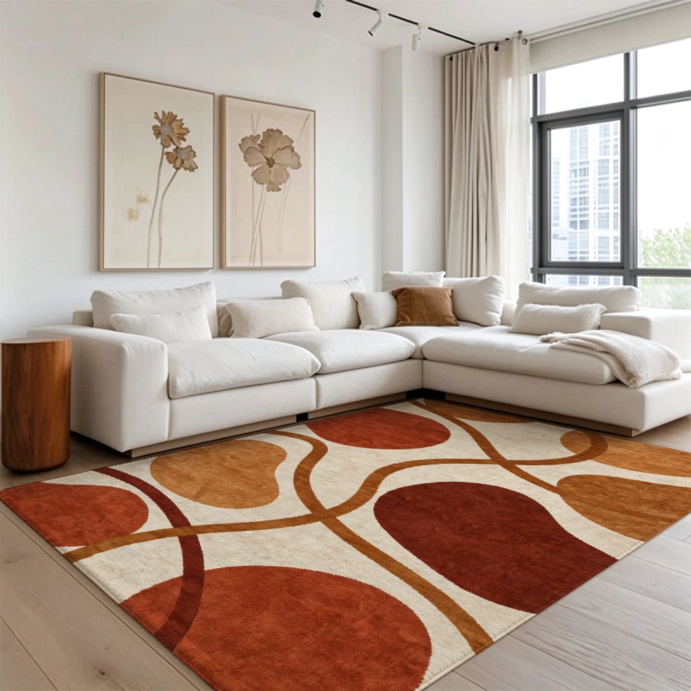 Terracotta Abstract Washable Area Rug, Modern Mid-Century Non Slip Low Pile Rug for Living Room
