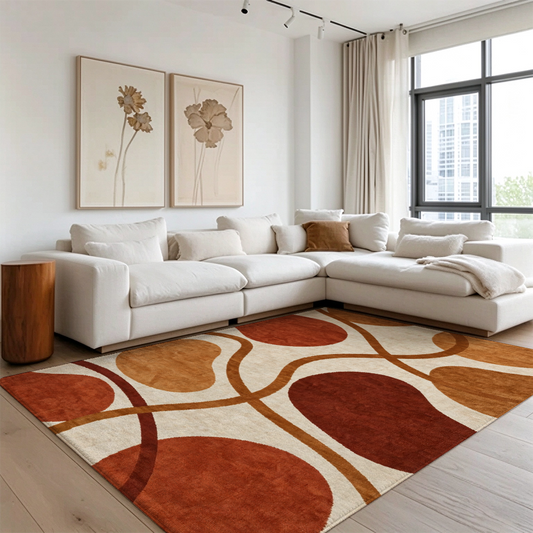 Terracotta Abstract Washable Area Rug, Modern Mid-Century Non Slip Low Pile Rug for Living Room