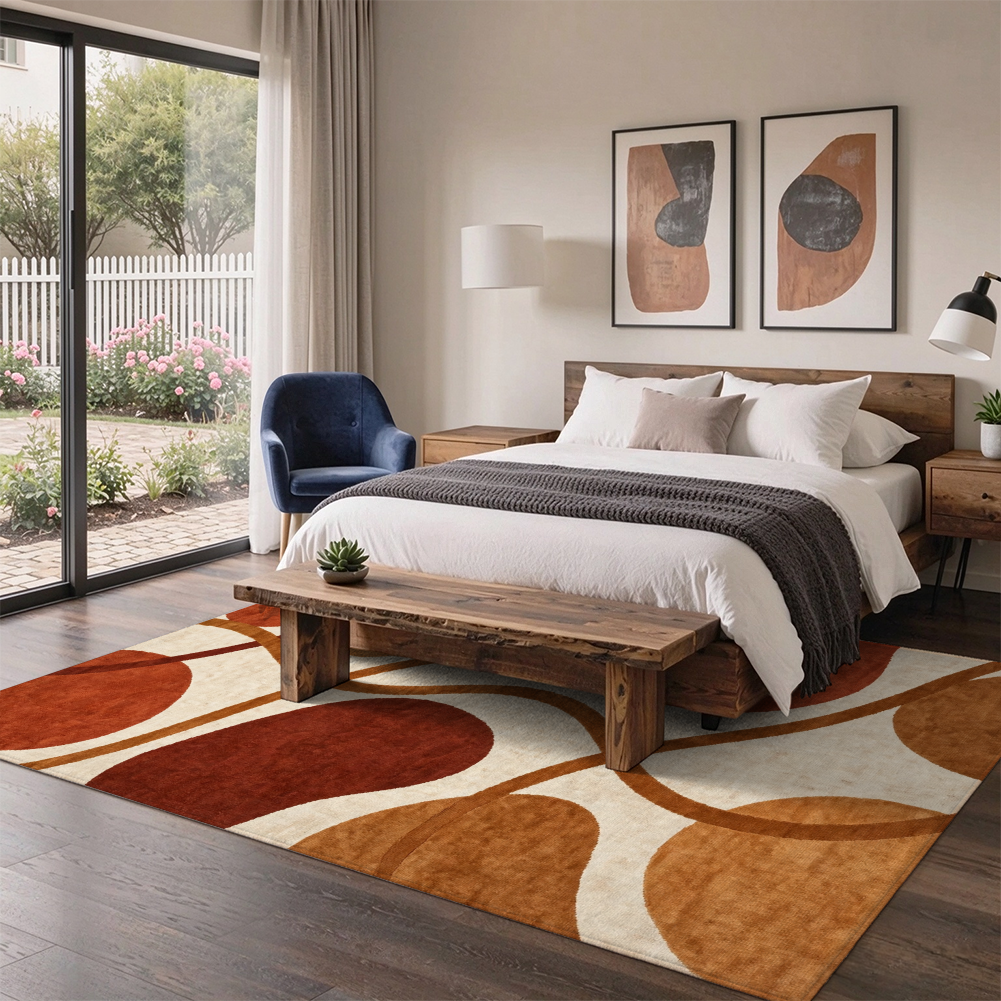 Terracotta Abstract Washable Area Rug, Modern Mid-Century Non Slip Low Pile Rug for Living Room