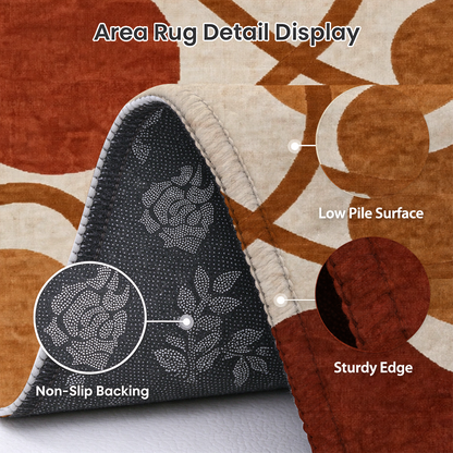 Terracotta Abstract Washable Area Rug, Modern Mid-Century Non Slip Low Pile Rug for Living Room