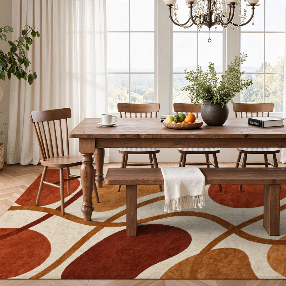 Terracotta Abstract Washable Area Rug, Modern Mid-Century Non Slip Low Pile Rug for Living Room
