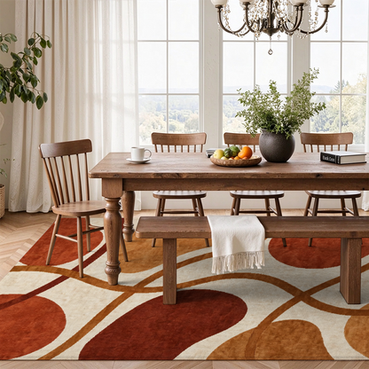 Terracotta Abstract Washable Area Rug, Modern Mid-Century Non Slip Low Pile Rug for Living Room