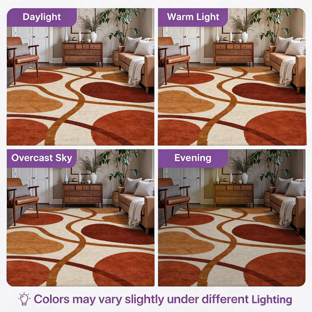 Terracotta Abstract Washable Area Rug, Modern Mid-Century Non Slip Low Pile Rug for Living Room